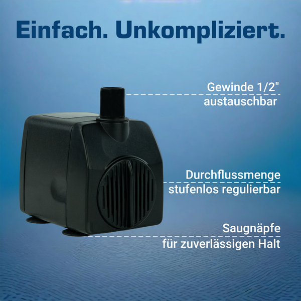 Kompakte Wasserpumpe mit austauschbarem 1/2 Zoll Gewinde, stufenlos regulierbarer Durchflussmenge und Saugnäpfen für stabilen Halt.