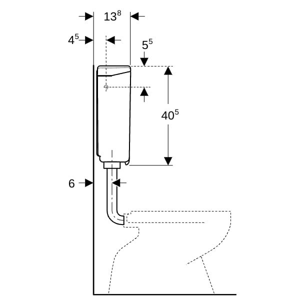 Technische Zeichnung eines Aufputzspülkastens mit Maßangaben für die Installation