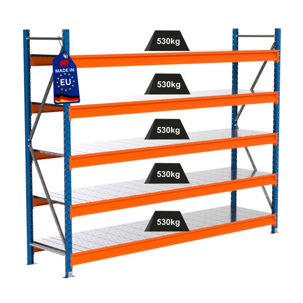 Lagerregal mit fünf Ebenen und einer Traglast von 530 Kilogramm pro Ebene, Hergestellt in der Europäischen Union