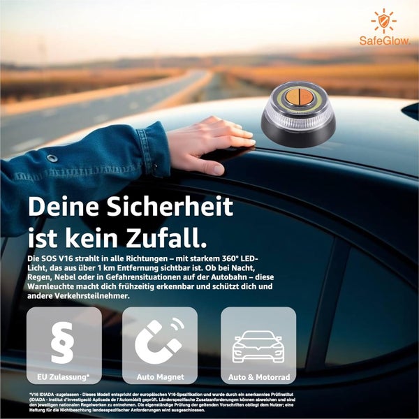 SafeGlow Warnleuchte V16 mit EU Zulassung, Auto Magnet und Auto- und Motorradsymbol