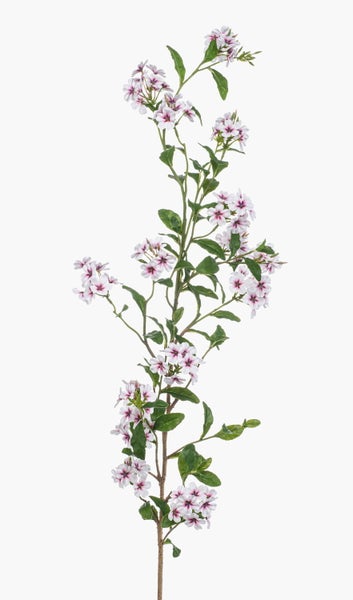 Künstlicher Blütenzweig mit weißen Blüten, rosa Mitte und grünen Blättern.