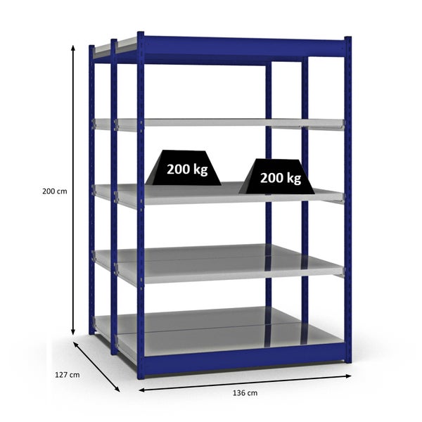 PROREGAL Fachbodenregal Stecksystem Vierkant-Profil Grundregal HxBxT 200 x 132,5 x 60 cm 2x5 Ebenen Doppelseitige Bauart Fachlast 200 kg Enzianblau