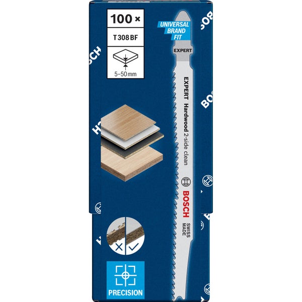 Bosch Stichsägeblatt Expert Hardwood, Packung mit 100 Stück, geeignet für Holz mit einer Dicke von 5 bis 50 Millimeter
