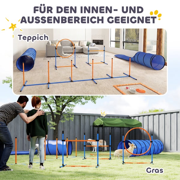 Agility-Set für Hunde mit Tunnel, Hürden, Reifen und Slalomstangen für Training im Innenbereich auf Teppich und im Außenbereich auf Rasen.