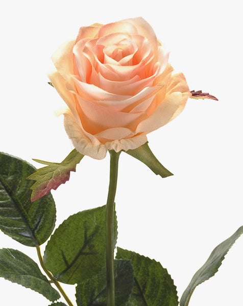 Künstliche Rose aus Textil in Apricot, Detailansicht der geschichteten Blütenblätter.