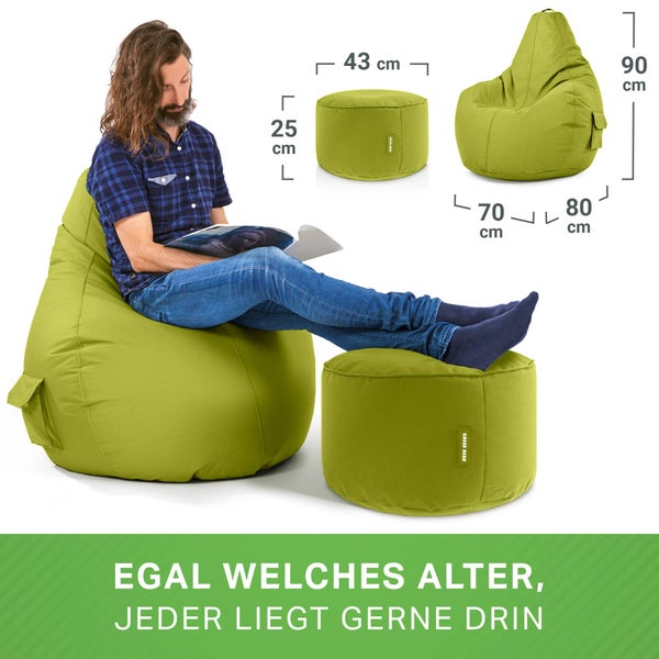 Green Bean 2er Set Sitzsack + Hocker - fertig befüllt - robust waschbar schmutzabweisend - Kinder & Erwachsene Bean Bag Bodenkissen Lounge Sitzhocker Relax-Sessel Gamer Gamingstuhl Pouf - Grün