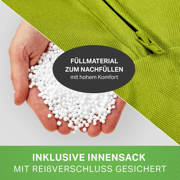 Hand hält weiße EPS Styroporperlen als Füllmaterial für Sitzsäcke mit Reißverschluss und Innensack.
