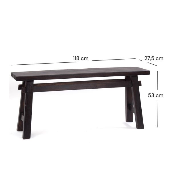 Holzbank mit den Maßen 118 cm Länge, 27,5 cm Breite und 53 cm Höhe.