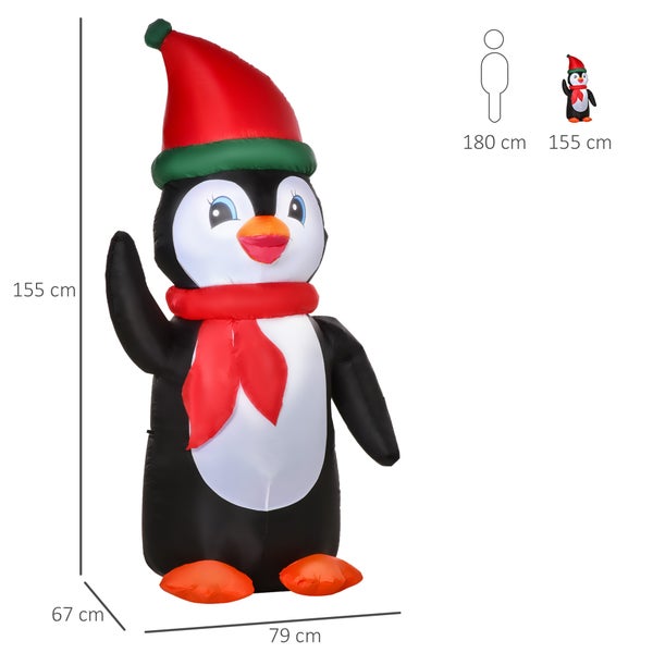 HOMCOM Aufblasbarer Weihnachts-Pinguin, mit Lichtern, automatisch, wetterfest, 79 x 67 x 155 cm, Polyester-Stoff, Mehrfarbig