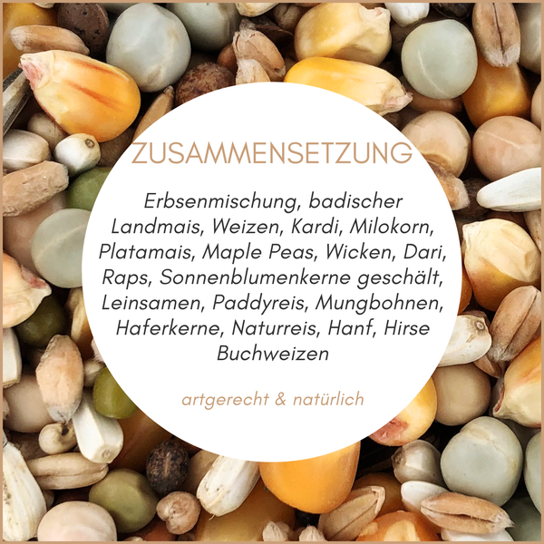 Zusammensetzung aus Erbsenmischung, Landmais, Weizen, Kardi, Milokorn, Platamais, Maple Peas, Wicken, Dari, Raps, Sonnenblumenkernen, Leinsamen, Paddyreis, Mungbohnen, Haferkernen, Naturreis, Hanf, Hirse und Buchweizen