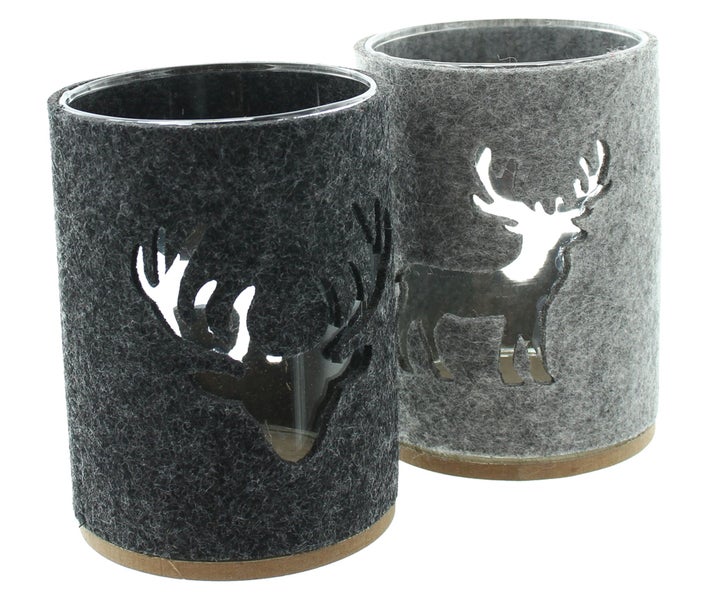 FRANK FLECHTWAREN | Windlicht Hirsch, 2er Set, GLAS, FILZ AUS PET, Ø 14 x 10 cm, ohne Kerzen