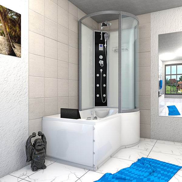 Moderne Duschkabine kombiniert mit einer Badewanne, Glaswänden, integrierten Massagedüsen, Handbrause, Regendusche und Kopfstütze.