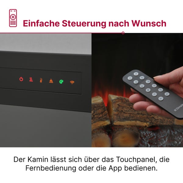 Elektrischer Kamin mit Touchpanel und Fernbedienung zur Steuerung von Heizung, Flammenbild, Farbe und WLAN-Verbindung.