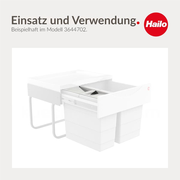 Abfalltrennsystem für Küchenunterschränke in der Anwendung am Beispiel Modell 3644702 und Hailo Logo.