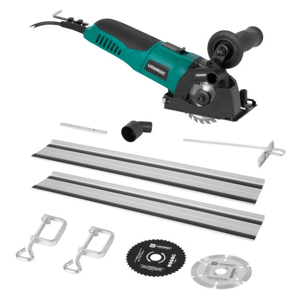 VONROC Mini Kreissäge elektrisch [500W] - Mini Handkreissäge [85mm] Variable Drehzahleinstellung | Mini Tauchsäge inklusive Führungsschiene und 3 Sägeblättern