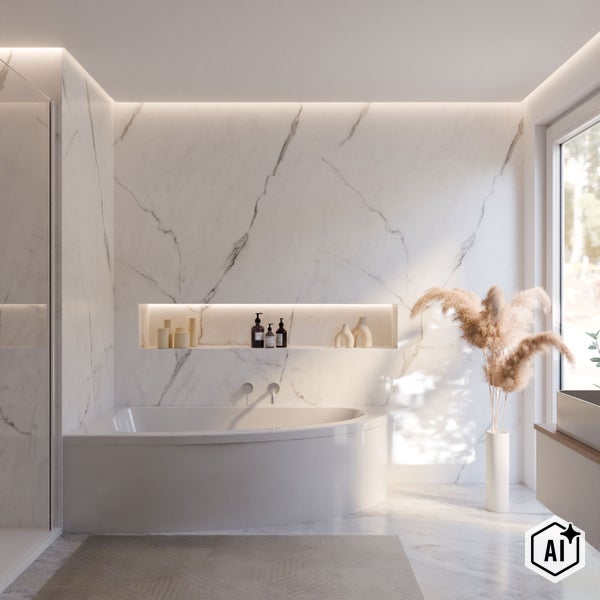 Modernes Badezimmer mit einer freistehenden Badewanne, Marmoroptik an den Wänden und einer beleuchteten Nische mit Dekoartikeln.