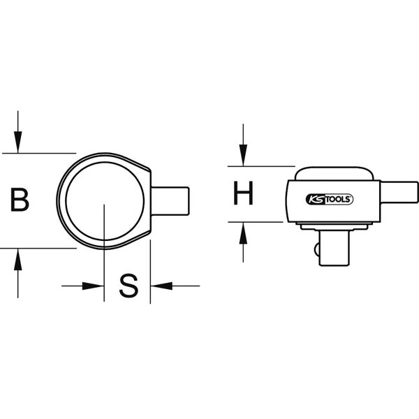 Technische Zeichnung eines Werkzeugs mit den Maßen B, H und S sowie KS Tools Logo