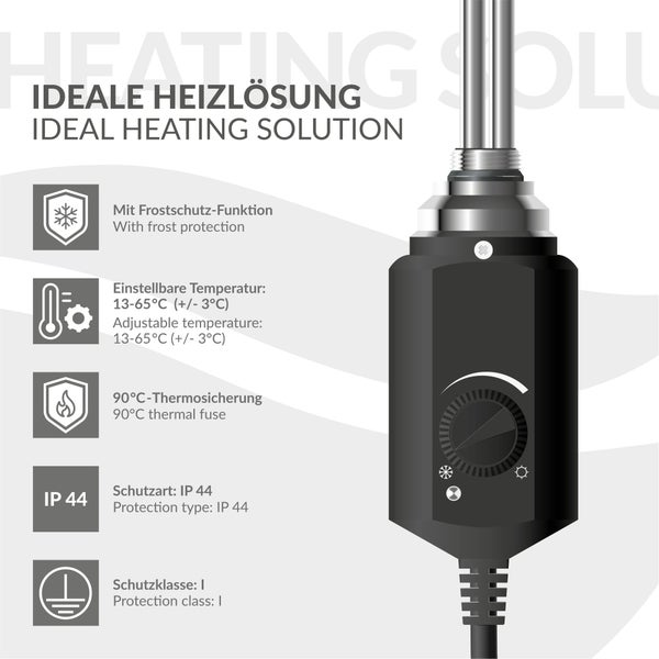 LuxeBath Heizstab 1200W Schwarz für Badheizkörper, Heizpatrone mit Thermostat für Heizkörper, Elektronischer Temperaturregler, Heizelement mit Stecker, Elektroheizstab für Heizungen & Handtuchtrockner