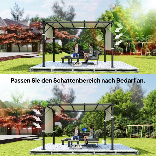 Pergola mit verstellbarem Textildach auf einer Holzterrasse im Garten, schützt durch verschiebbare Bahnen individuell vor Sonneneinstrahlung.