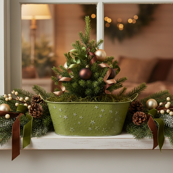 Weihnachtsdekoration mit einem kleinen Nadelbaum in einem verzierten Metalltopf, geschmückt mit Kugeln und Bändern vor einem Fenster.