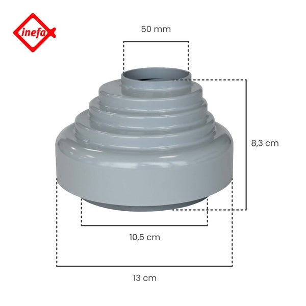 Inefa Logo. Stufen-Reduzierstück aus grauem Kunststoff. Maße: Durchmesser 50 Millimeter, 10,5 und 13 Zentimeter, Höhe 8,3 Zentimeter.