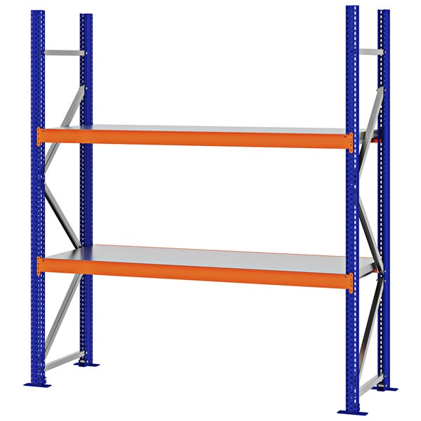 Schwerlastregal aus Metall mit zwei Ebenen, blauen Rahmen, orangefarbenen Traversen und verzinkten Fachböden.