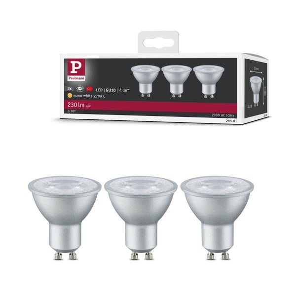 Drei Paulmann LED Reflektorlampen mit GU10 Sockel, 4 Watt, 230 Lumen, warmweisses Licht mit 2700 Kelvin in der Verkaufsverpackung.