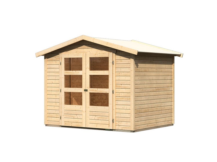 Gartenhaus aus Holz mit Satteldach und Doppelflügeltür mit Glaseinsätzen