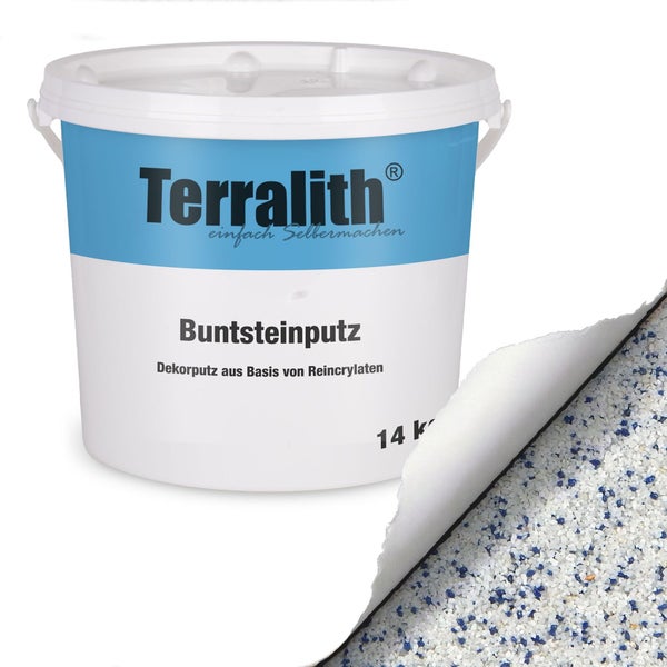 Terralith Buntsteininputz im Eimer, Dekorpuzt auf Basis von Reincrylaten
