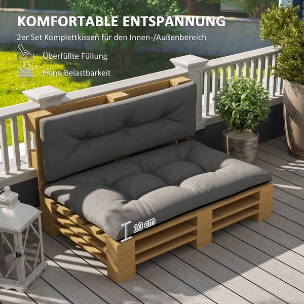 Outsunny Palettenkissen 2er Set Wasserabweisend Sitzkissen Palettenpolster mit Getuftetem Design Rückenlehne Outdoor Kissen Palettenauflagen für Europaletten Palettensofa 120 x 77 x 10 cm Dunkelgrau