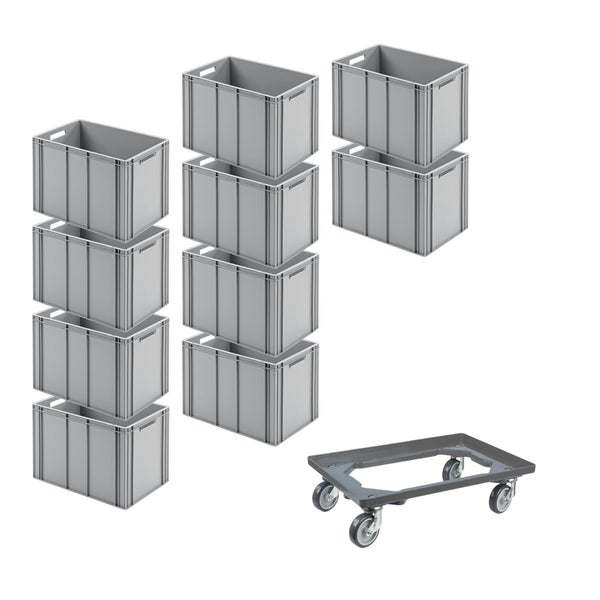 PROREGAL SparSet 10x Eurobehälter mit Offenem Griff und 1 x Transportroller Grau HxBxT 42 x 40 x 60 cm 70 Liter Eurobox Transportbox