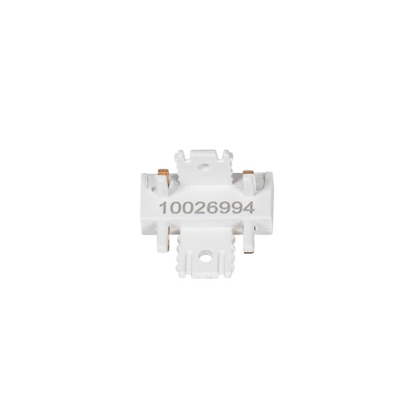 Weißer elektrischer Steckverbinder aus Kunststoff mit Metallkontakten, Produktnummer 10026994.