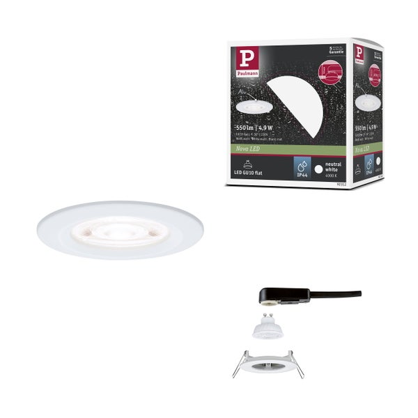 Paulmann Nova LED Einbaustrahler rund, Weiß matt, GU10, 4,9 Watt, 550 Lumen, neutralweiß 4000 Kelvin, IP44, inklusive Leuchtmittel und Verpackung.