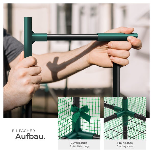 Montage eines Gewächshausgestells durch ein einfaches Stecksystem und Befestigung der Gitterfolie.