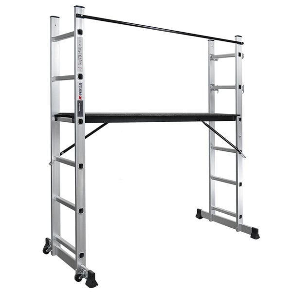 Aluminium-Arbeitsgerüst mit Plattform, Rollen und Sicherheitsgeländer.