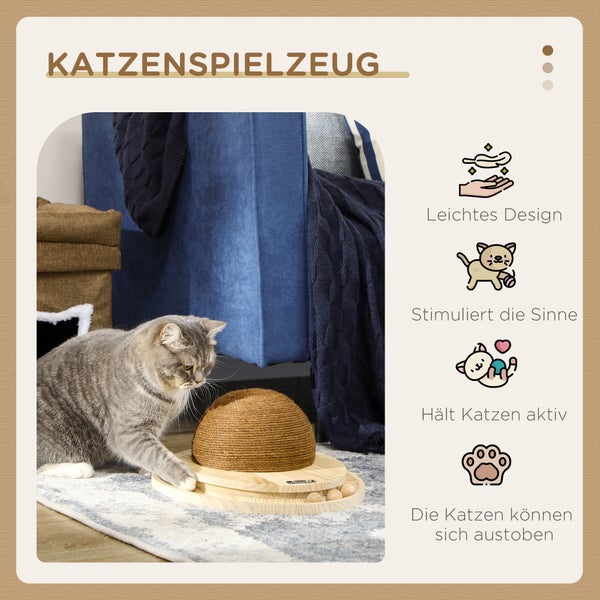 Katzenspielzeug aus Holz mit Kratzball aus Sisal und Spielschiene. Leichtes Design, das die Sinne stimuliert und Katzen aktiv hält.