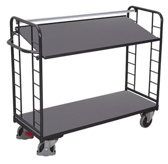 Schwarzer Etagenwagen mit zwei grauen Ebenen, Metallgestell, Lenkrollen und Schiebebügel für Werkstatt und Lager.