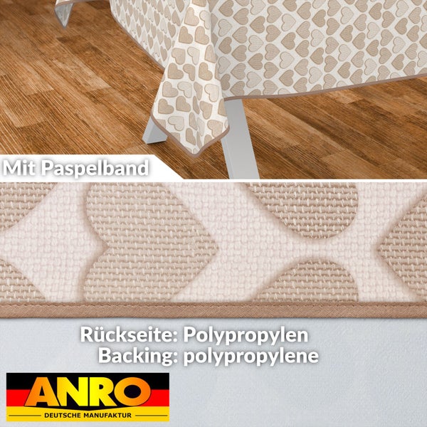 Tischdecke mit Herzmuster und Paspelband sowie Polypropylen-Rückseite
