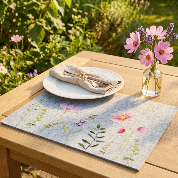 Tischset aus Filz mit Blumenmuster auf einem Holztisch mit Teller und Blumenvase im Garten.