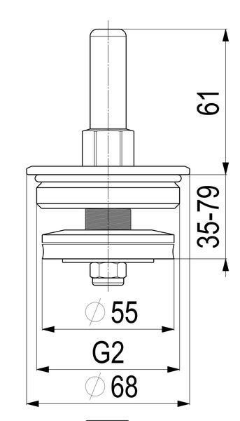 Technische Zeichnung: Höhe 61 Millimeter, Einstellbereich 35 bis 79 Millimeter, Durchmesser 55 und 68 Millimeter, Gewinde G2.