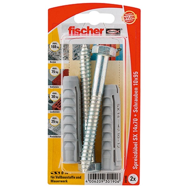 Fischer Spreizdübel SX 14x70 mit Schrauben 10x95, 2 Stück, für Vollbaustoffe und Mauerwerk