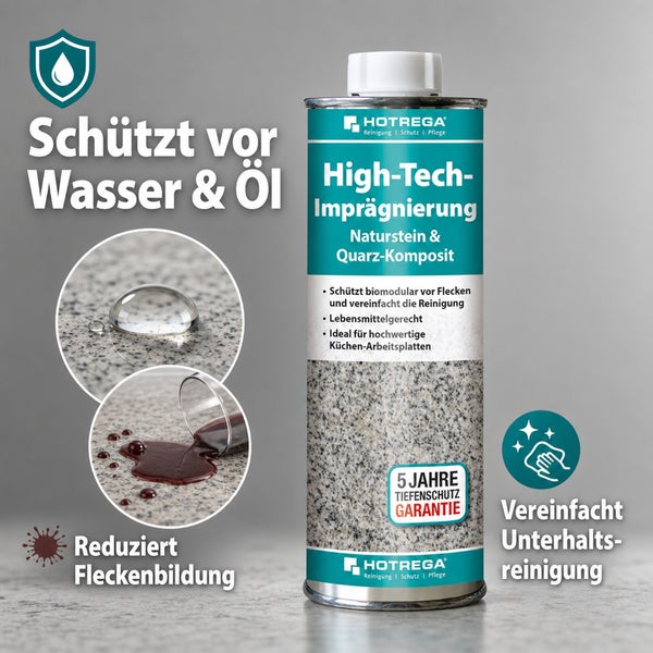HOTREGA High Tech Imprägnierung für Naturstein und Quarz Komposit schützt vor Wasser und Öl und reduziert Fleckenbildung auf Arbeitsplatten.