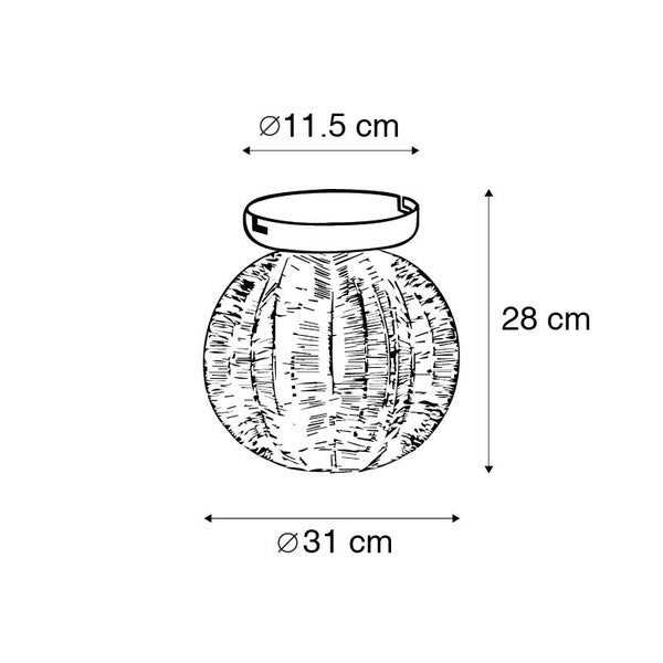 Technische Zeichnung einer Kugellampe mit den Maßen 28 cm Höhe, 31 cm Durchmesser und 11,5 cm Lampenfußdurchmesser.