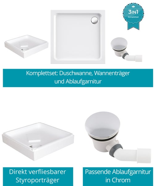 Calmwaters® - Modern Soft - Quadrat-Duschwanne in 90 x 90 x 6,5 cm im Komplettset mit Wannenträger & Ablaufgarnitur - 99000117