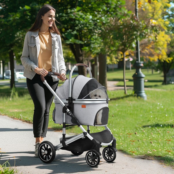 PawHut Hundewagen 3 in 1 Hundebuggy klappbar für Hunde & Katzen bis 10 kg Katzenbuggy mit Kissen Becherhalter Netzfenstern Türen Aufbewahrungskorb Katzenwagen Buggy Hellgrau