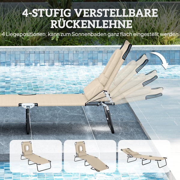 Sonnenliege mit 4-stufig verstellbarer Rückenlehne am Pool, flache Liegeposition möglich.