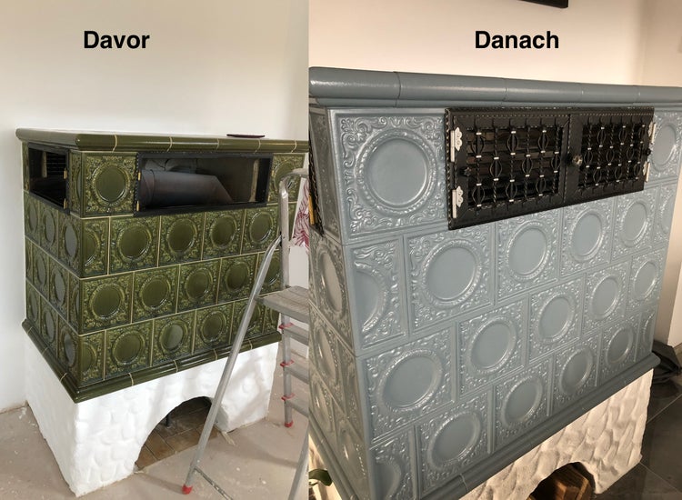 Vorher und Nachher Vergleich eines Kachelofens mit glasierten Kacheln, der renoviert und farblich neu gestaltet wurde.
