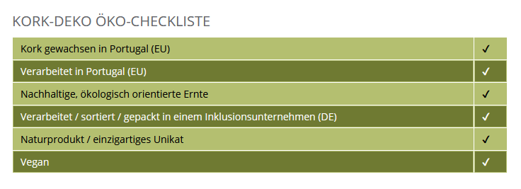 Öko-Checkliste für Kork-Deko: Kork aus Portugal, nachhaltige Ernte, Fertigung in deutschem Inklusionsunternehmen, Naturprodukt, vegan.