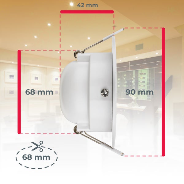 Weiße LED-Einbauleuchte mit 90 Millimeter Außendurchmesser, 68 Millimeter Einbaudurchmesser und 42 Millimeter Einbautiefe.