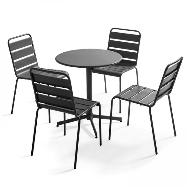 Gartenmöbel-Set bestehend aus einem runden Tisch und vier Metallstühlen mit Lattendurchbruch in Anthrazit.